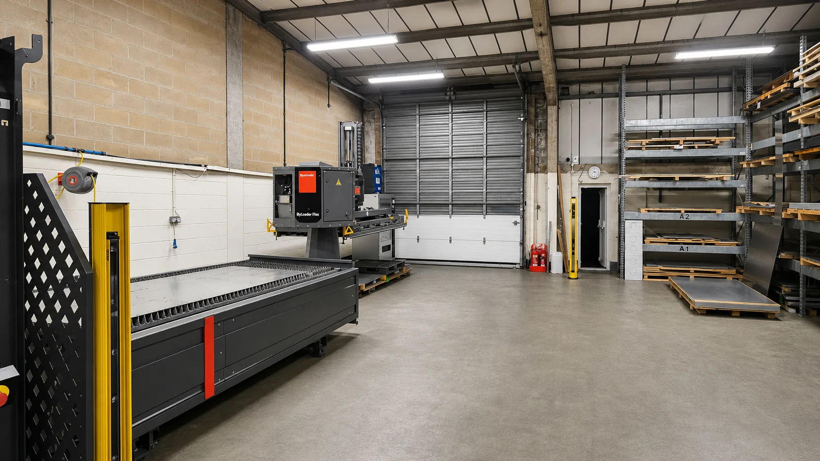 Clean current Bystronic fibre-laser and ByLoader Flex area at Hurstbourne Forge
