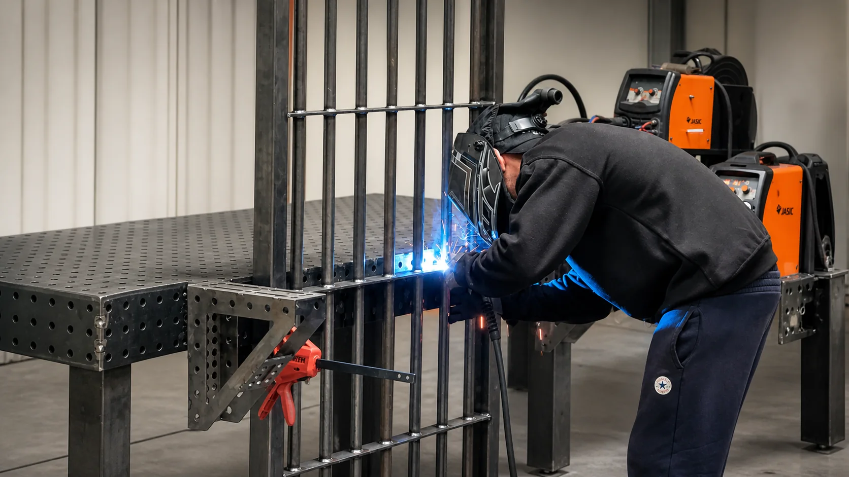 Hurstbourne Forge fabricator welding a large steel frame on a jig table